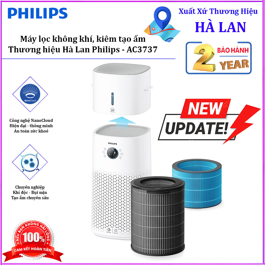 Máy lọc không khí kiêm máy tạo độ ẩm 2 trong 1, công nghệ hiện đại NanoCloud. Thương hiệu Hà Lan cao cấp Philips - AC3737/00. Hàng chính hãng