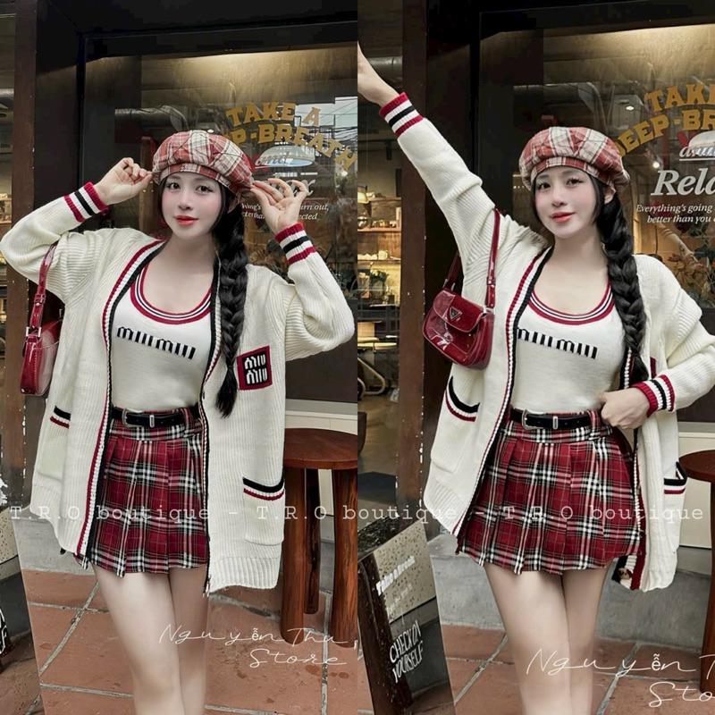 Set 3ct viền đỏ M.iuu: áo len 2s + cardigan + chân váy ly kẻ Tro QC BY JOLIE