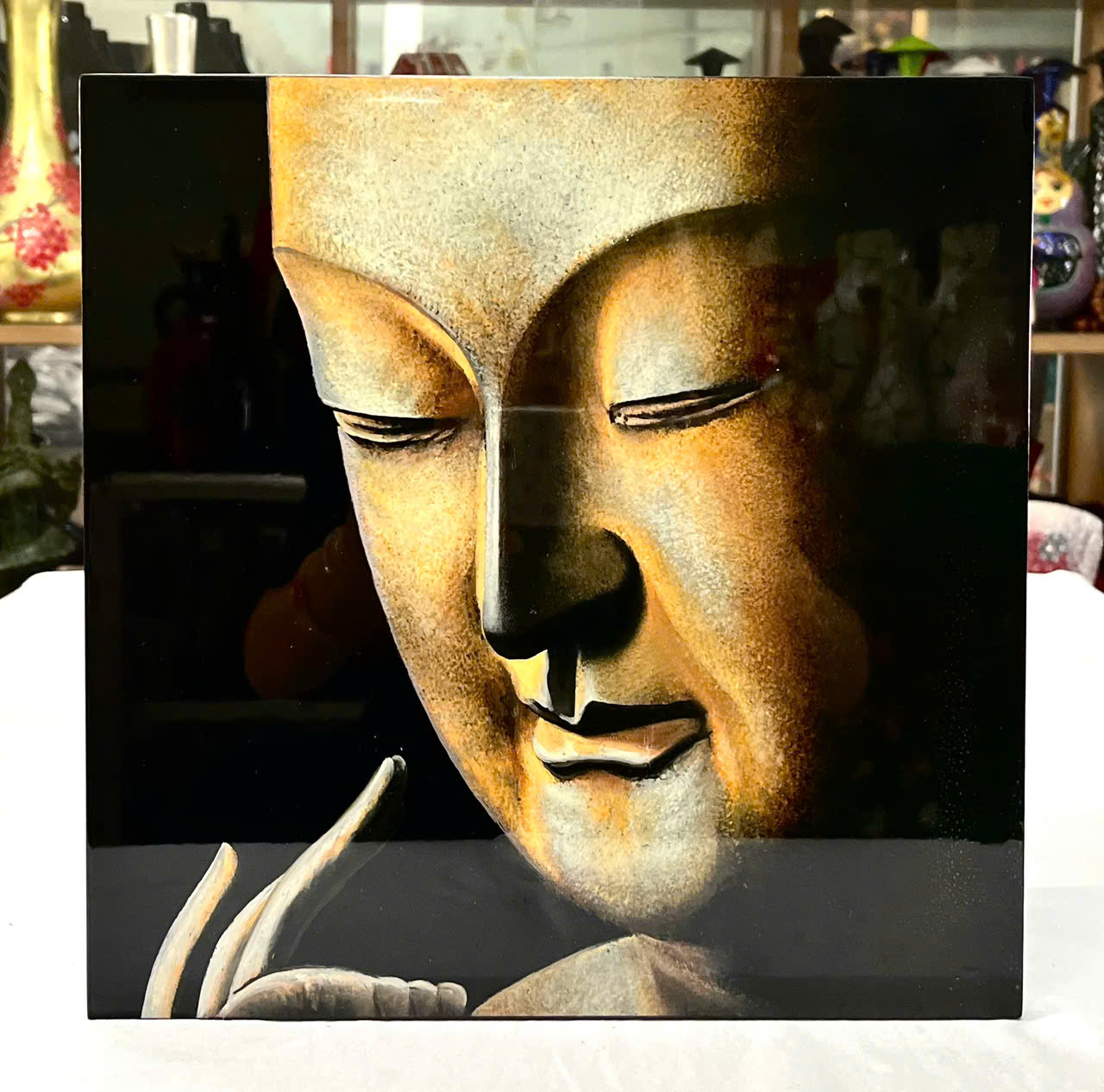 Tranh sơn mài vẽ tay Tượng Phật cao cấp Thanh Bình Lê size 38x38 cm treo tường, trang trí nhà cửa, văn phòng, quà tặng