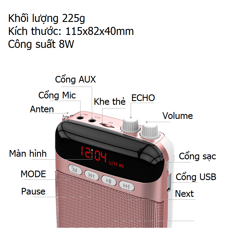 Loa trợ giảng A102s hỗ trợ Bluetooth, có khe cắm thẻ nhớ, USB