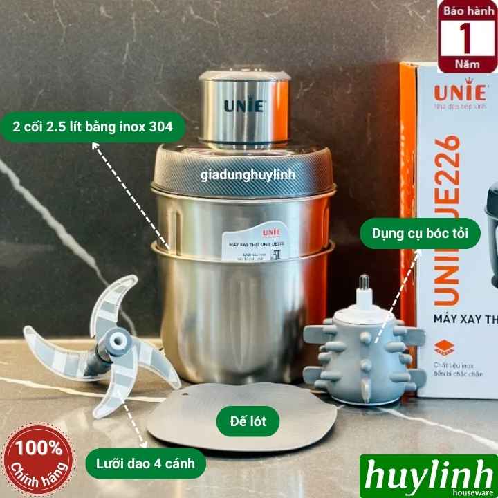 Máy xay thịt - thực phẩm Unie UE-226 - 2 cối inox 2.5 lít + dụng cụ bóc tỏi - Hàng chính hãng