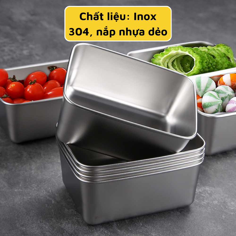 Set 5 hộp inox chống rỉ 304 kèm nắp nhựa bảo quản thực phẩm tủ lạnh đa năng tiện lợi