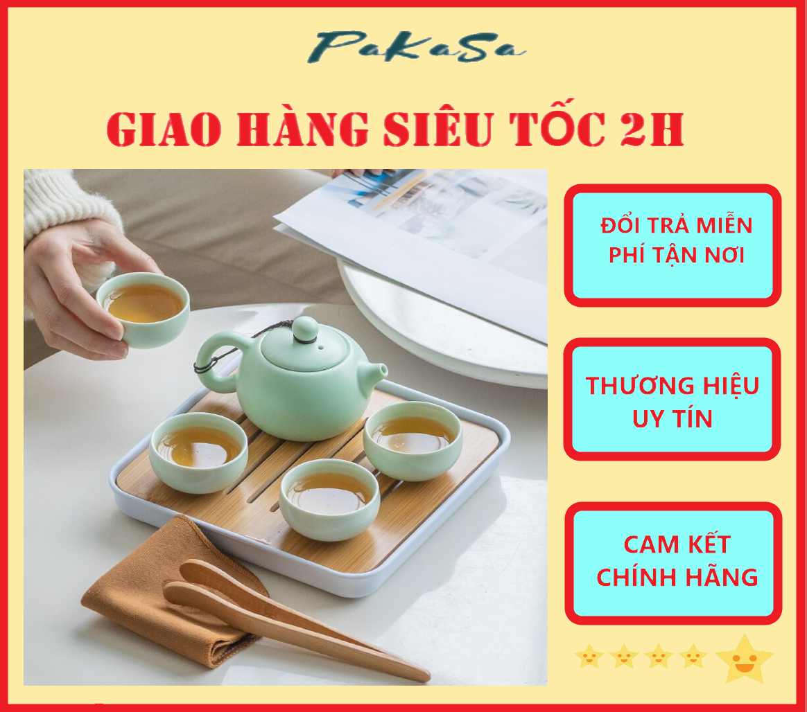 Bộ Bình Trà Tráng Men Mờ Có Túi Đựng Đi Du Lịch Tiện Lợi Gồm 1 Ấm Trà, 4 Tách (Tặng Kèm Khăn Lau Và Gắp Tre) PaKaSa - Hàng Chính Hãng