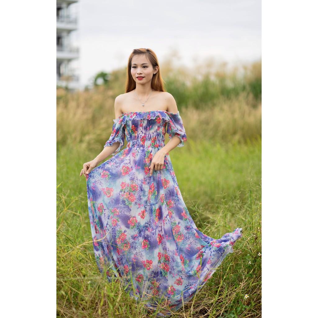 Đầm maxi hoa tay con nhún ngực
