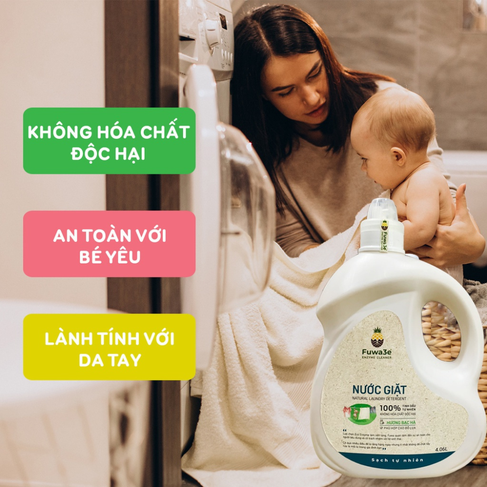 Nước giặt hữu cơ Fuwa3e chuyên giặt lụa hương bạc hà 4.06L an toàn cho bé