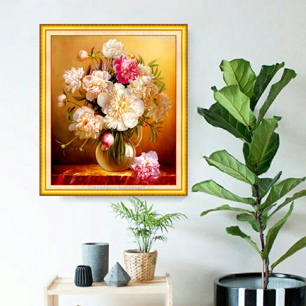 Tranh đính đá bình hoa mẫu đơn VS075 60 x 50 cm chưa đính