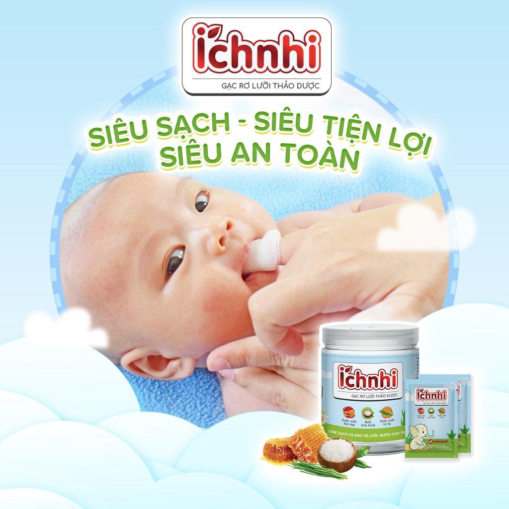 Gạc rơ lưỡi thảo dược Ích Nhi hộp 30 gói giúp vệ sinh răng miệng, làm sạch và bảo vệ lưỡi, nướu trẻ sơ sinh, người ốm