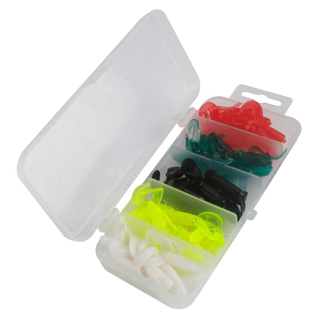 50pcs/set Portable Twin Tail Soft Fishing Lures Grub Maggots Worm Bait Swimbaits 5 Color