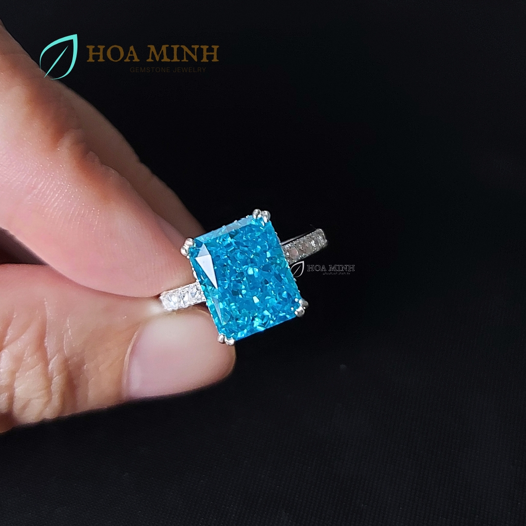 Nhẫn bạc cao cấp đính đá Nam Phi xanh aqua size chữ nhật lớn 9x11 li trang sức cao cấp, sang trọng