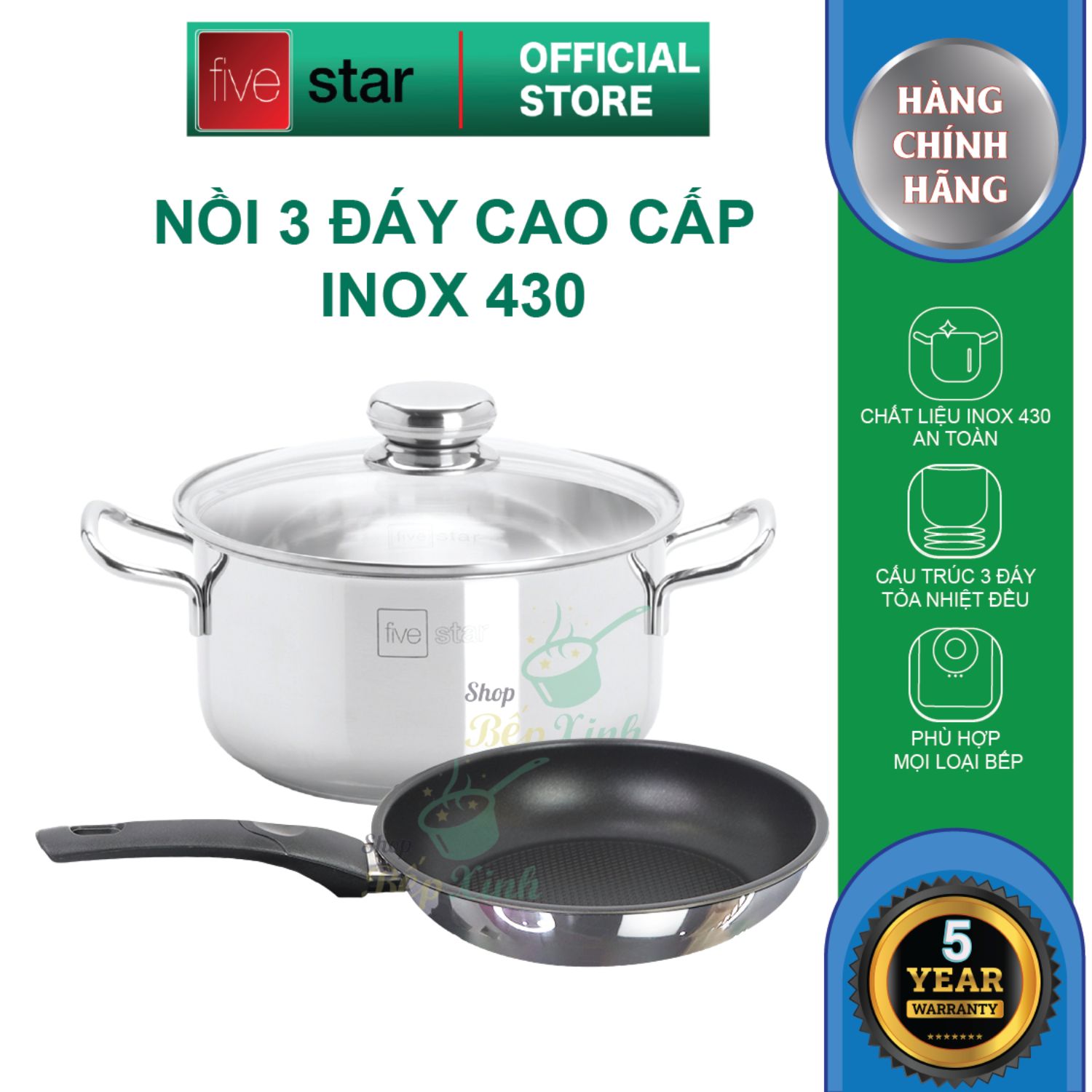 Bộ nồi chảo 3 đáy inox 430 cao cấp FiveStar Standard 2 món nắp kính tặng 1 vá canh