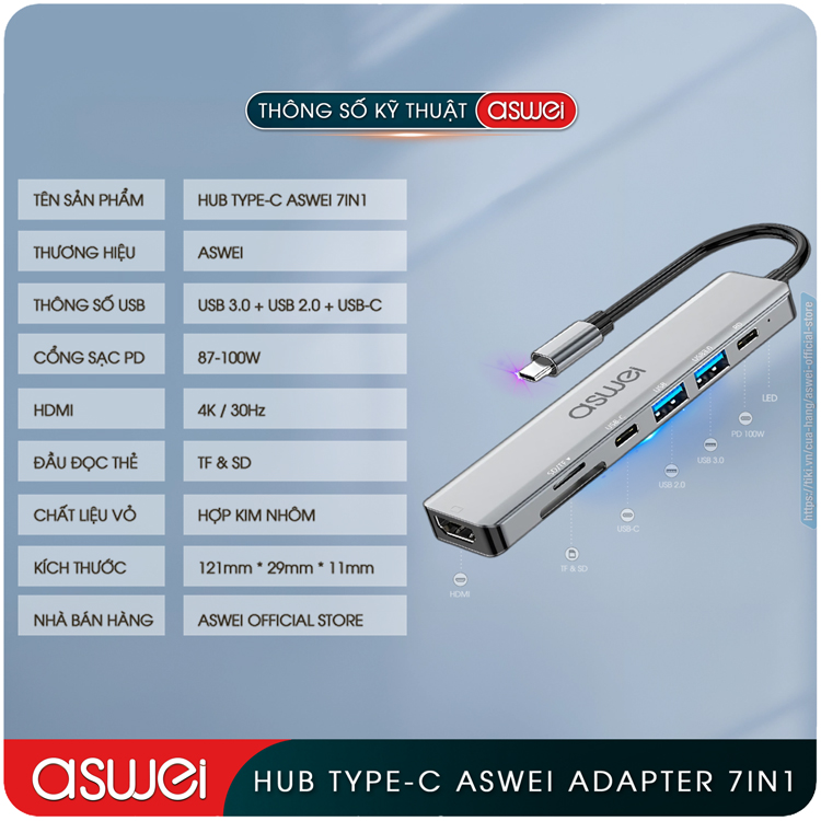 Hub Type C ASWEI 7 in 1 To HDMI, USB 3.0, SD, TF, USB C, PD - Hub Chuyển Đổi USB Type C 7 Cổng - Cổng Chia USB, Ổ Chia USB Tốc Độ Cao Dành Cho Macbook, Laptop, PC, Máy Tính Bảng, Điện Thoại - Hàng Chính Hãng