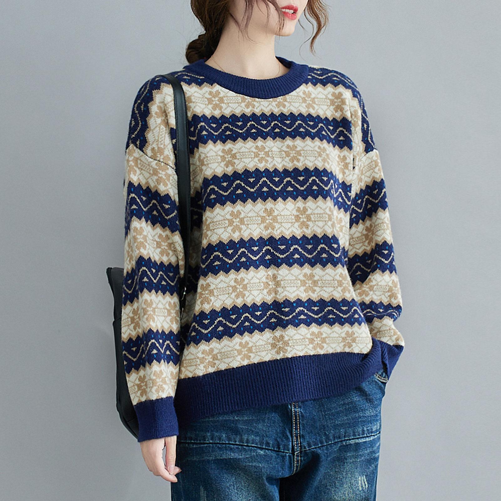 Women Warm Sweater Knitted Stripe O Neck Long Sleeve Drop Shoulder Pullover Sweatshirt Casual Loose Winter Blouse