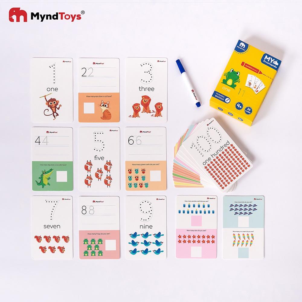 Bộ 26 thẻ dày luyện viết số Myndtoys Numbers Mastery cho bé nhận biết số từ 1-20 và 28 từ vựng tiếng Anh các đồ vật