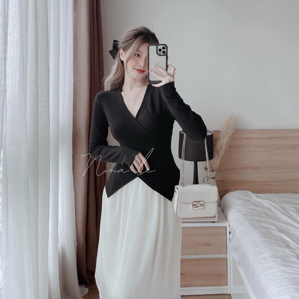 Sét áo thun gân tay dài lai nhọn kèm chân váy voan
