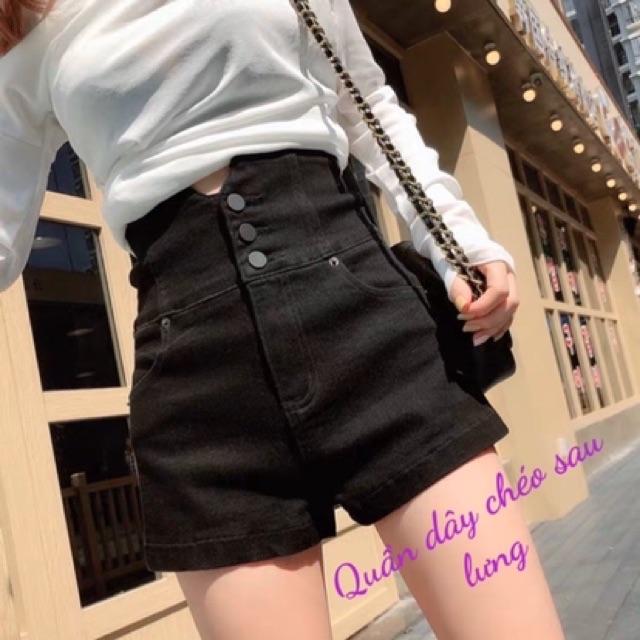 Quần shorts đùi kaki lưng siêu cao, dây chéo sau lưng, có nút trước - Hình sàn chụp thật