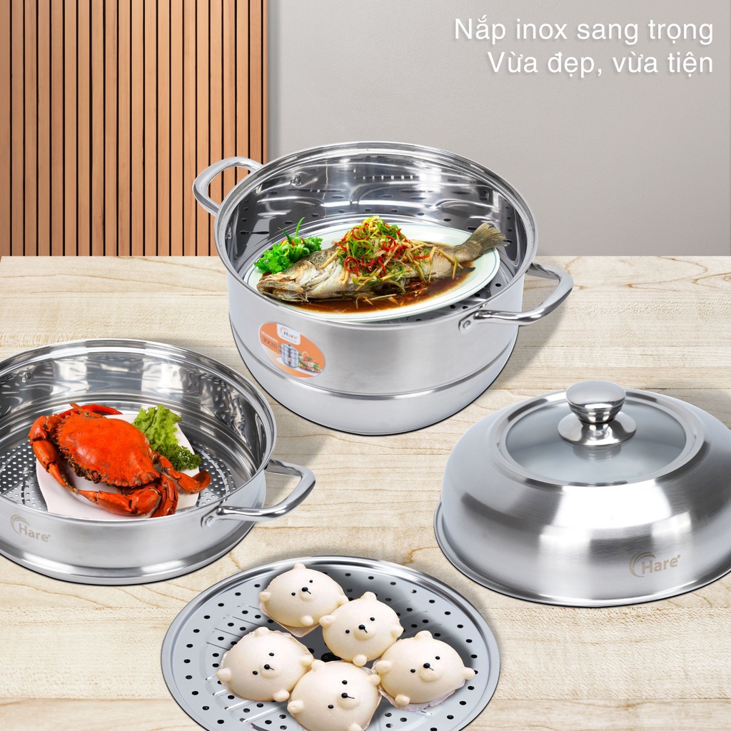 Bộ nồi hấp inox cao cấp đáy từ 3 tầng vung kính - thương hiệu Hare -  lỗi 1 đổi 1