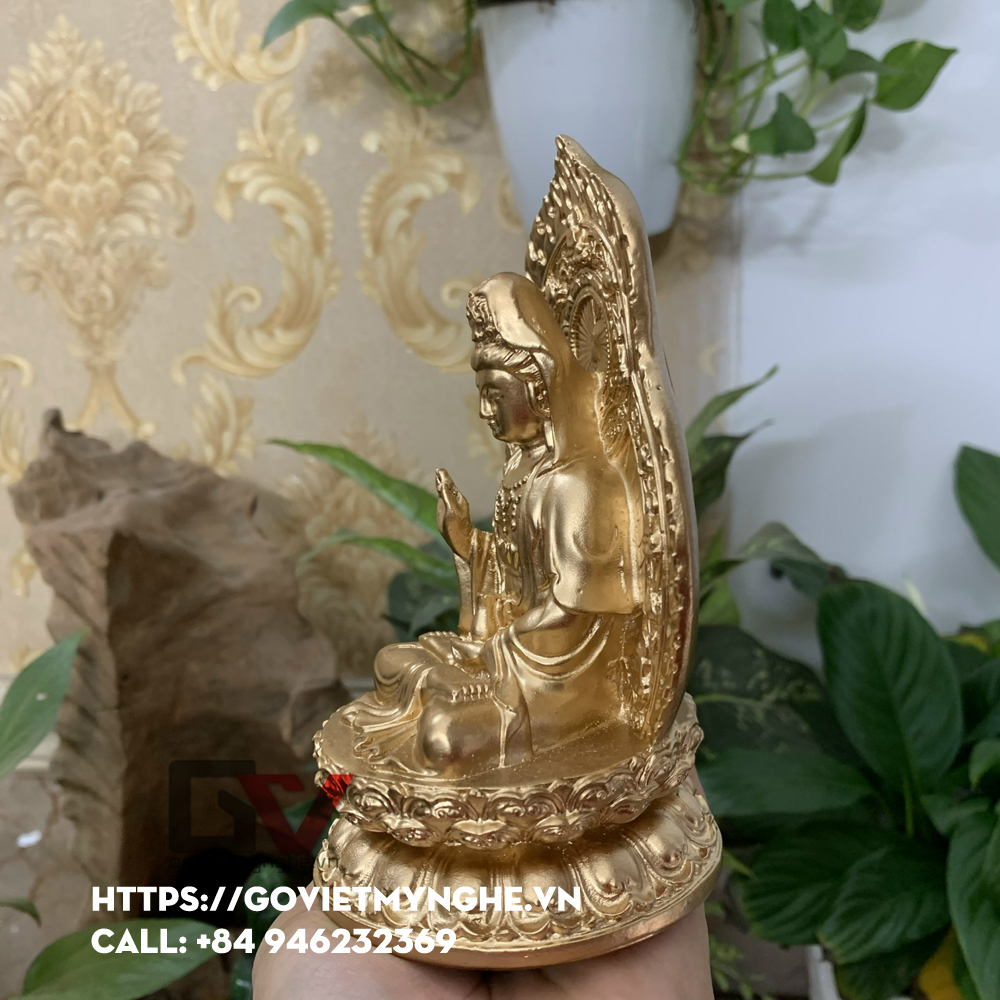 Tượng đá Quan Thế Âm Bồ Tát ngồi đài sen + chữ "Phật" - Chiều cao 15cm - Màu nhũ đồng