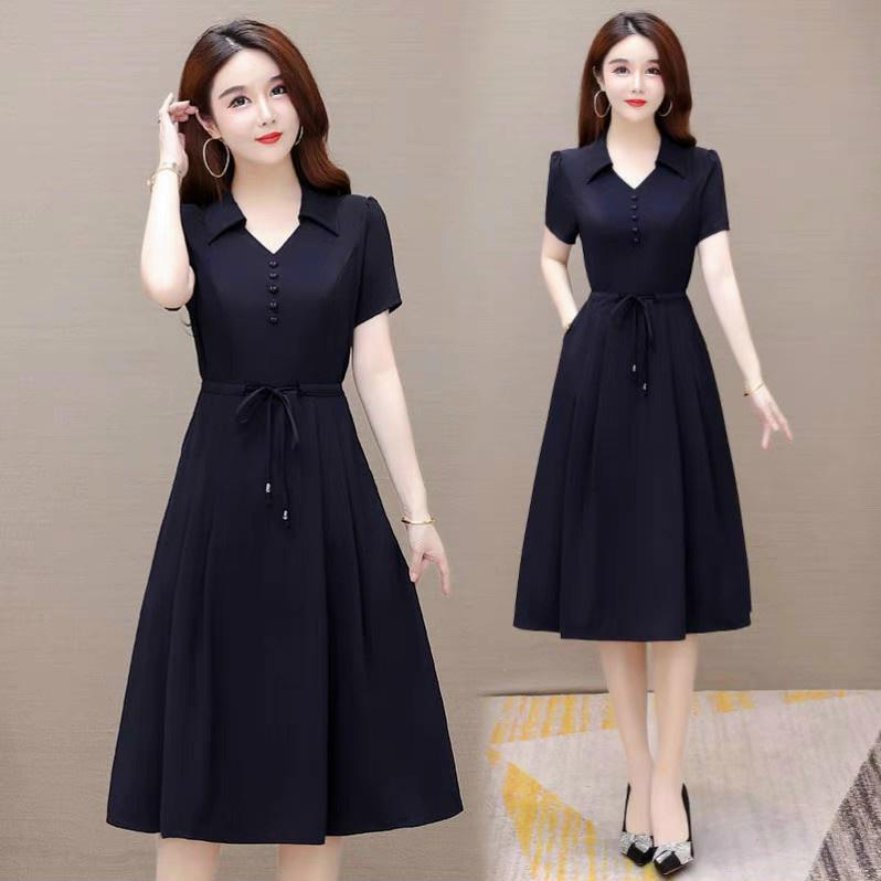 Đầm váy nữ trung niên sơ mi dự tiệc dạo phố đơn giản đỏ đen nhẹ nhàng