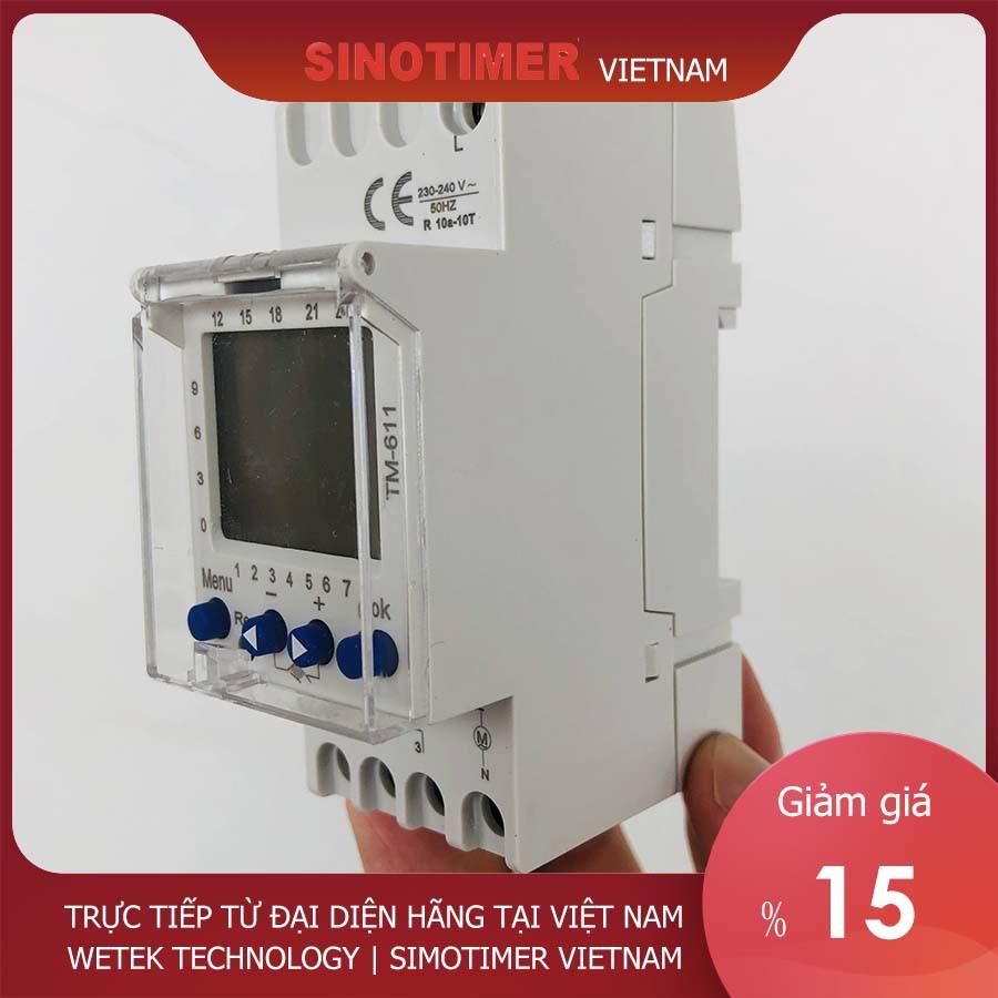 Timer 24h 7 ngày Sinotimer TM 611, 16A, cài theo 1 phút, 58 chương trình on off mỗi ngày, hàng loại công nghiệp