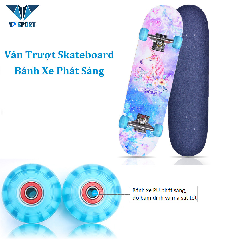 Ván Trượt Skateboard Có Bánh Xe Phát Sáng, Ván Trượt Gỗ Dành Cho Thanh Thiếu Niên - Ván Trượt Trẻ Em 80cm, mặt nhám chống trơn trượt