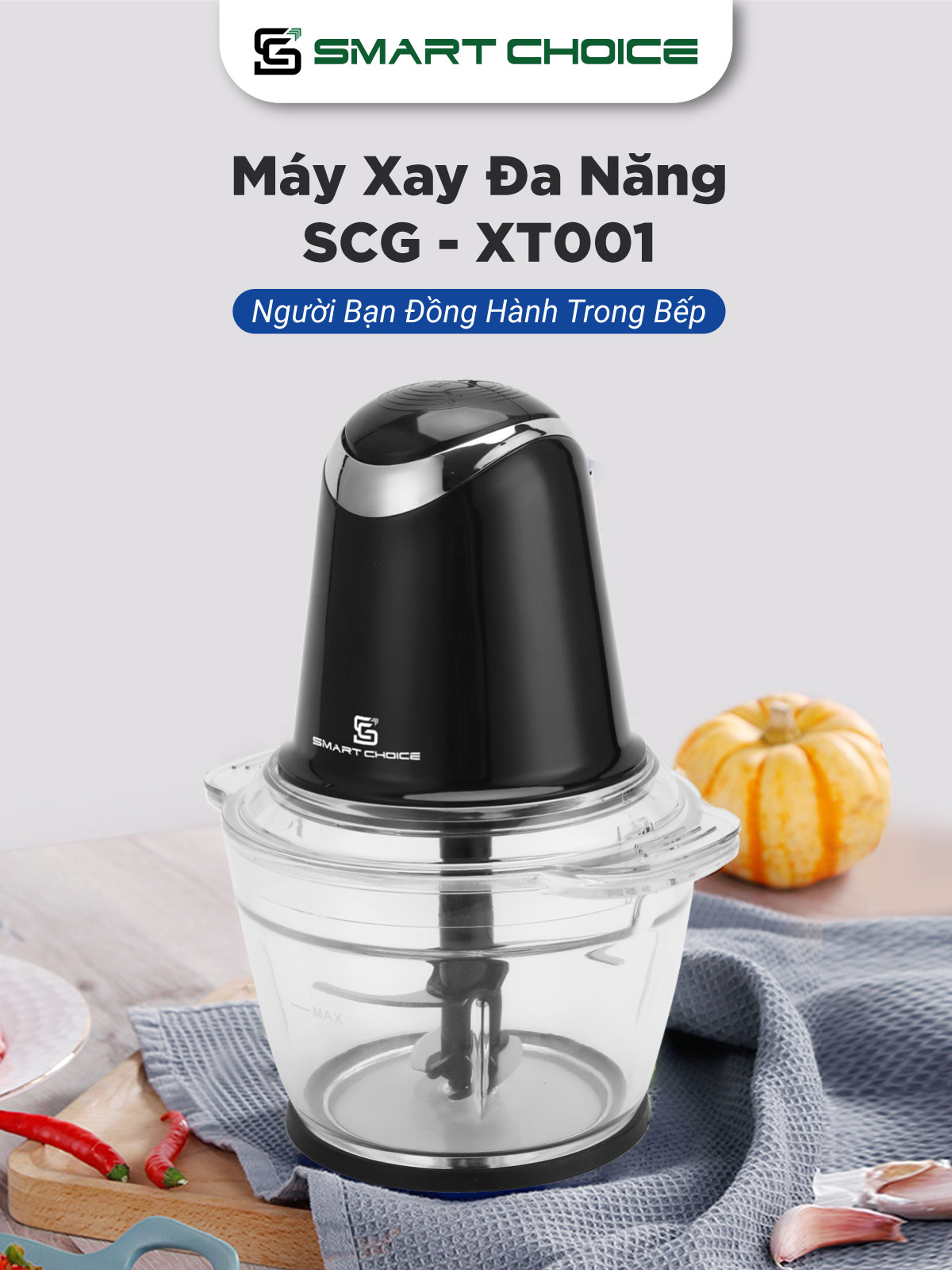 Máy Xay Thịt Đa Năng SmartChoice SCG-XT001 500W 1000ml, Máy Xay Thực Phẩm 4 Lưỡi Dao 2 Cấp Độ Xay Cối Thủy Tinh Hàng Chính Hãng