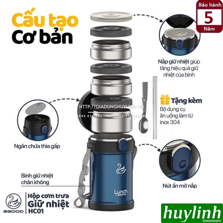 Hộp cơm giữ nhiệt 3 ngăn 2Good HC01 - 2 lít - Tặng túi xách - Hàng chính hãng