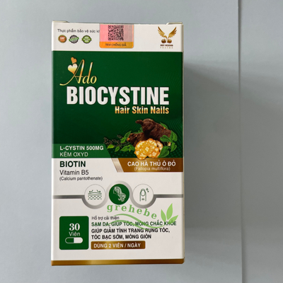 Ado Biocystine chứa Biotin, L-cystin, vitamin B5, kẽm oxyd,... hỗ trợ cải thiện sạm da, giúp tóc, móng chắc khỏe, giúp giảm tình trạng rụng tóc, tóc bạc sớm, móng giòn.