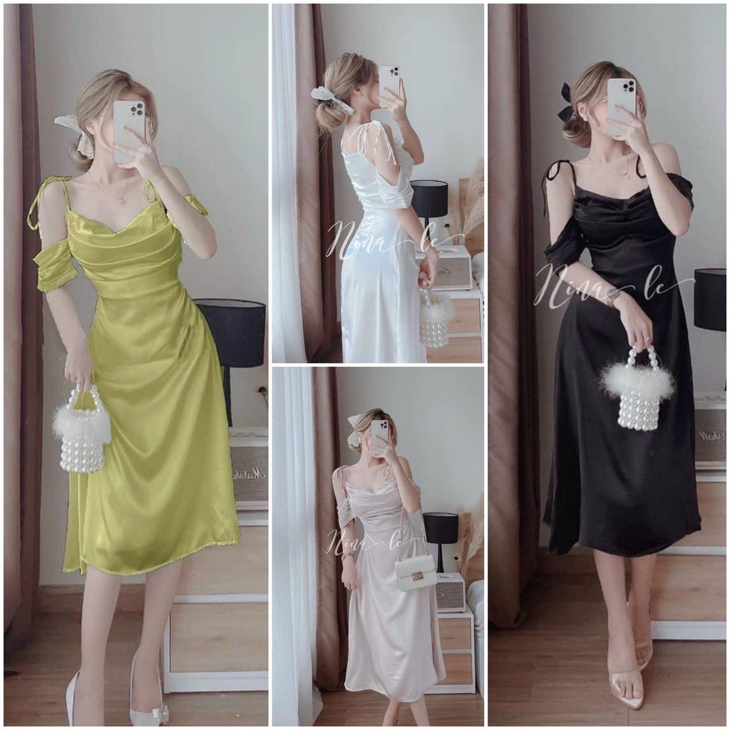 Đầm midi lụa satin 2s xếp ly ngực xinh xắn