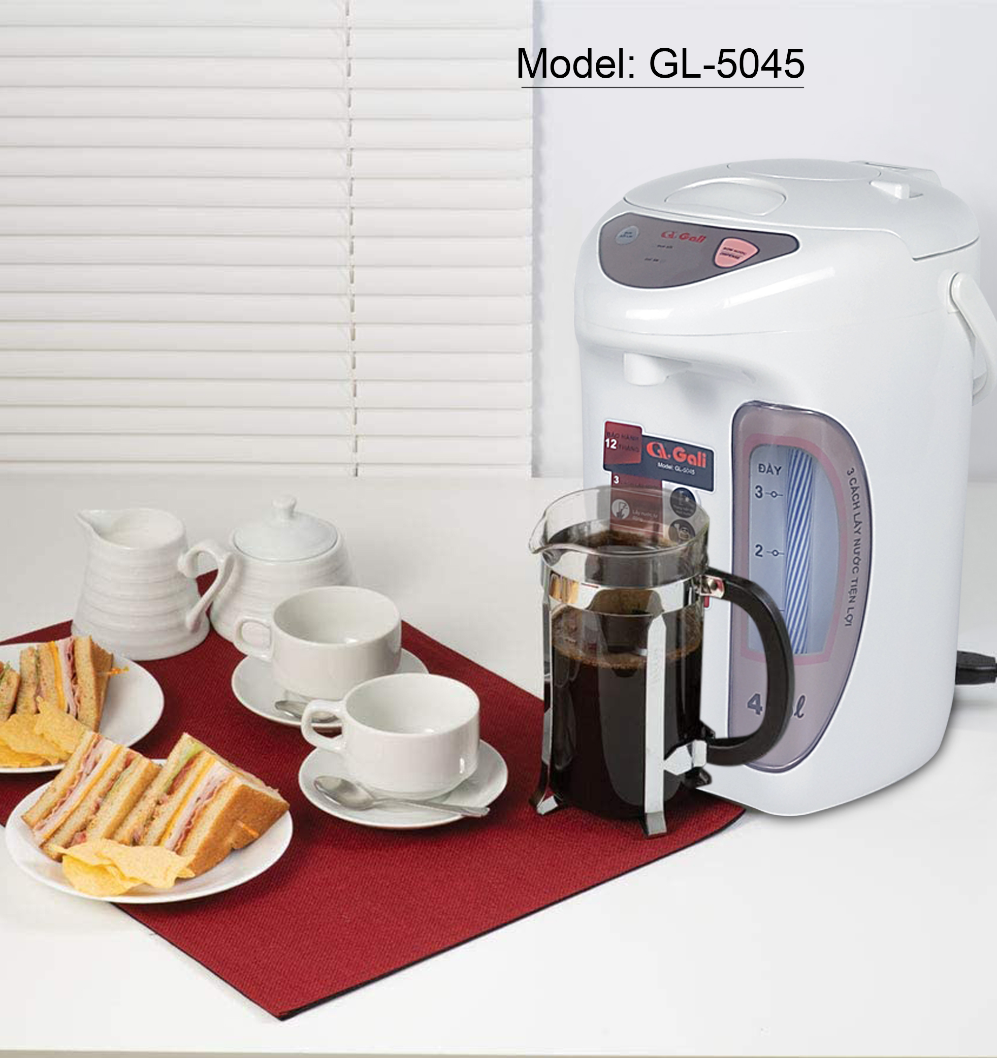 Bình thủy điện Gali GL-5045 dung tích 4.5 lít, phích cấu tạo 2 lớp thân ngoài nhựa, ruột inox 304, hàng chính hãng 100% Gali, bảo hành 24 tháng