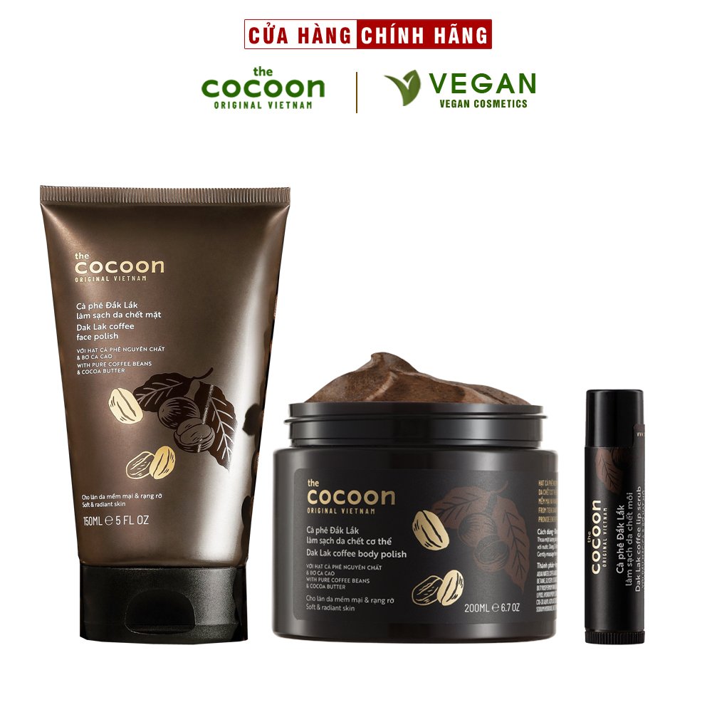 Bộ 3 Cà phê Đắk Lắk tẩy da chết Cocoon: Cơ thể 200ml + Da mặt 150ml + Son môi 5g