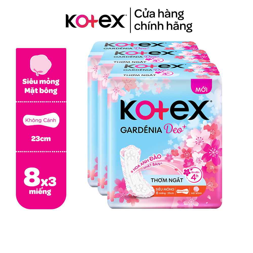 [Tặng 6M đến khi hết] Combo 3 Băng vệ sinh Gardenia Deo+ - Hoa Anh Đào Mặt Bông siêu mỏng cánh/không cánh 23cm 8 miếng