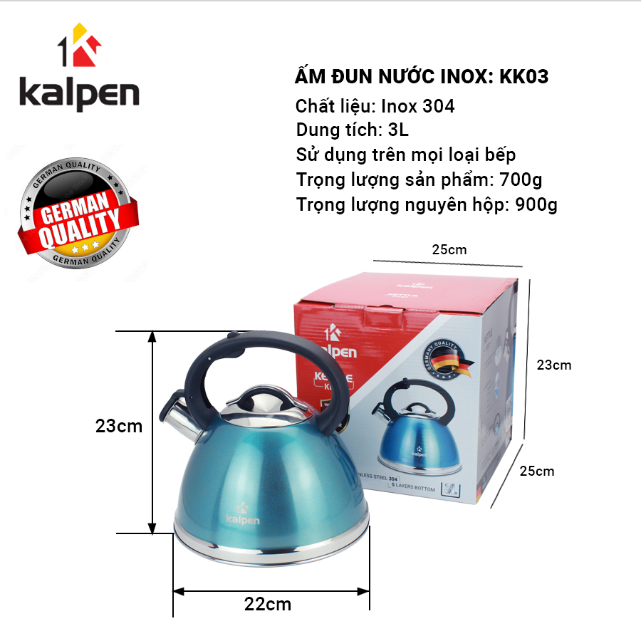 Ấm đun nước Inox 304 cao cấp Kalpen KK03 dung tích 3L dùng bếp từ chuẩn Đức - Hàng chính hãng