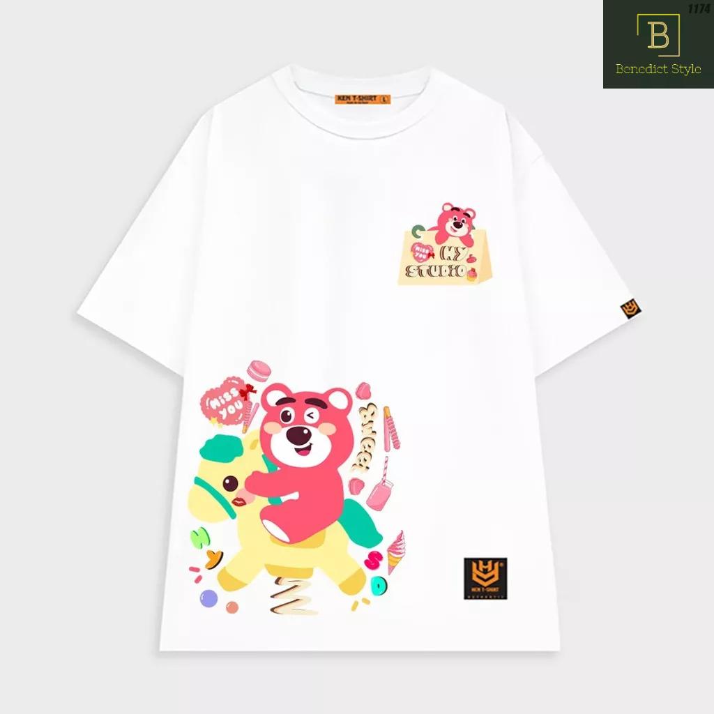 Áo thun tay lỡ unisex phom rộng in hình Gấu dâu cưỡi ngựa