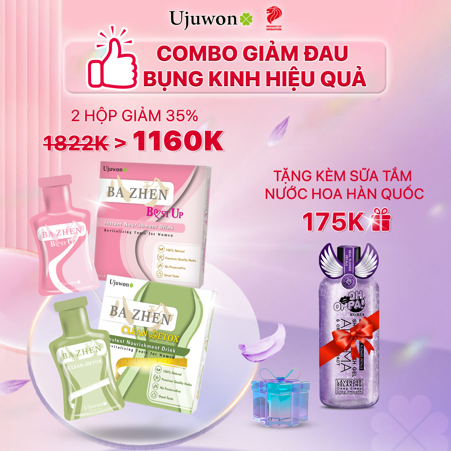 Combo 2 Hộp Nước Uống Thảo Mộc Đài Loan Hỗ Trợ Giảm Đau Bụng Mùa Dâu Rụng, Detox, Dáng Thon, Tăng Kích Cỡ Vòng 1 Ba Zhen Ujuwon