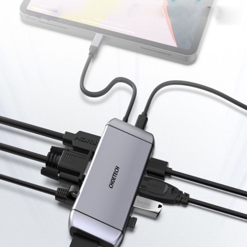 Hub Chuyển Đổi Type C 9 in 1 Type C To HDMI 4K/ PD 100W/ USB 3.0/ Rj45 Ethernet/ VGA/ TF/ SD CHOETECH HUB-M15