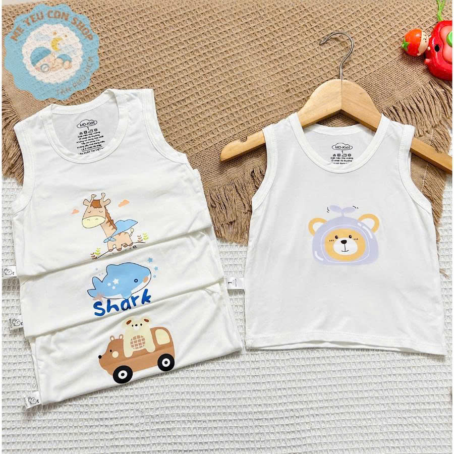 [4-14kg] Áo Ba Lỗ Sát Nách Trắng Kem Chất THUN LẠNH PETIT In Hình Dễ Thương Cho Bé
