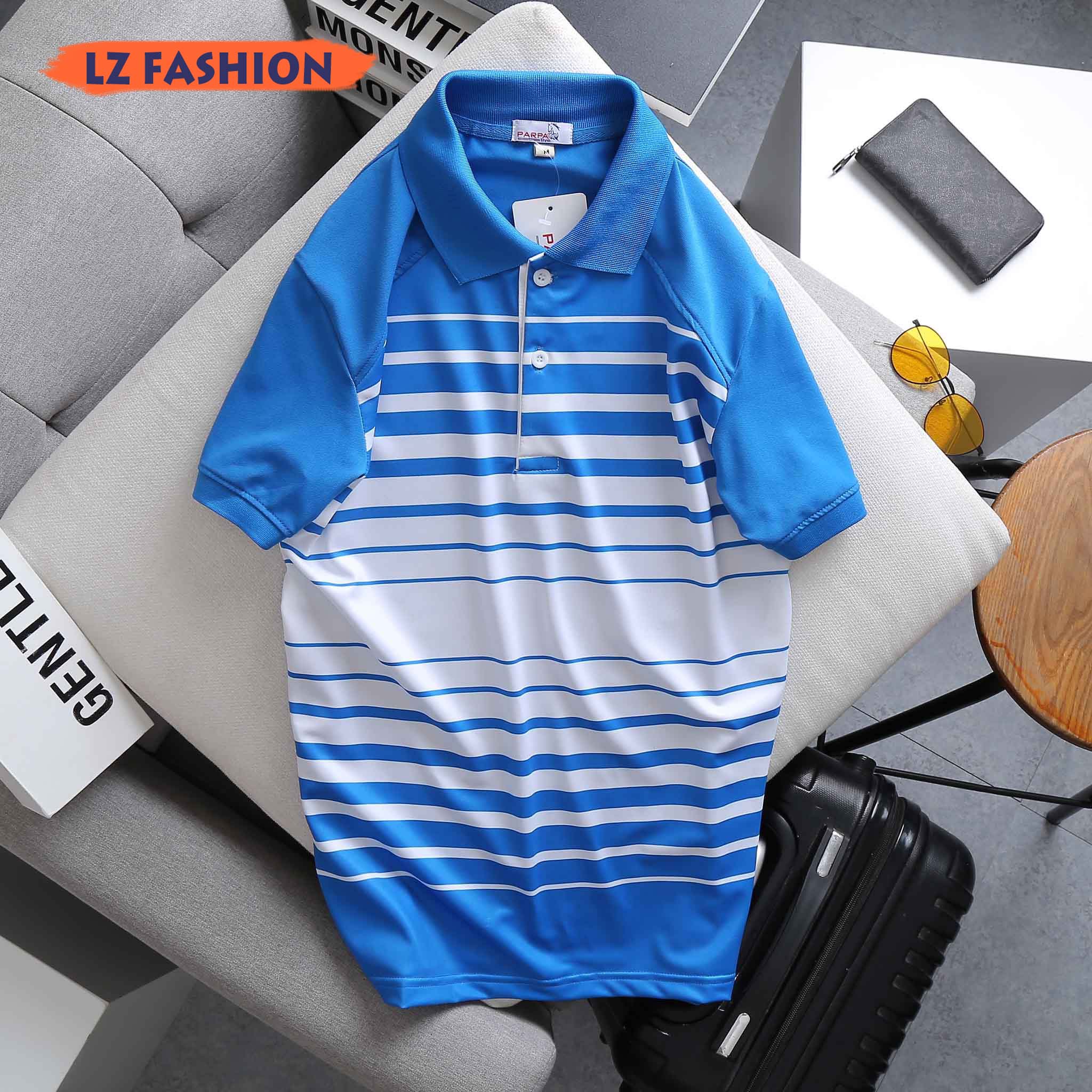 Áo Thun Polo Có Cổ Tay Ngắn Nam Phối Sọc Ngang Phong Cách Trẻ Trung - LZPS156