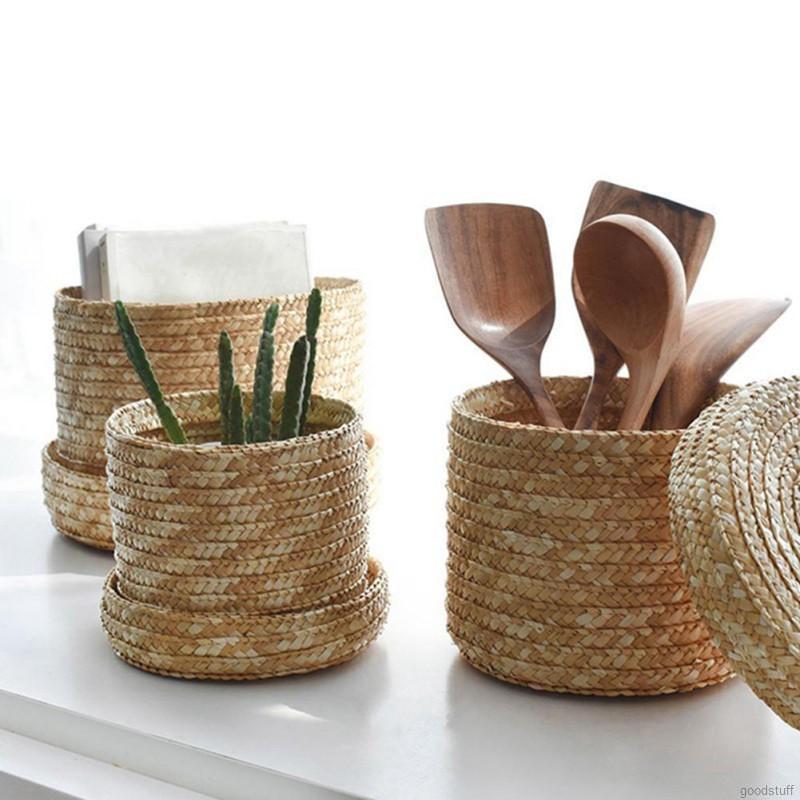 Giỏ Đan Rơm Thủ Công Có Nắp Đậy Đựng Đồ Ăn Vặt Để Bàn Tiện Lợi