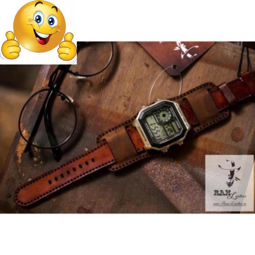 DÂY ĐỒNG HỒ TRỒNG ĐỒNG DÀNH CHO CASIO AE1200 DA BÒ THẬT BUNDSTRAP B2+T LIGHT BROWN