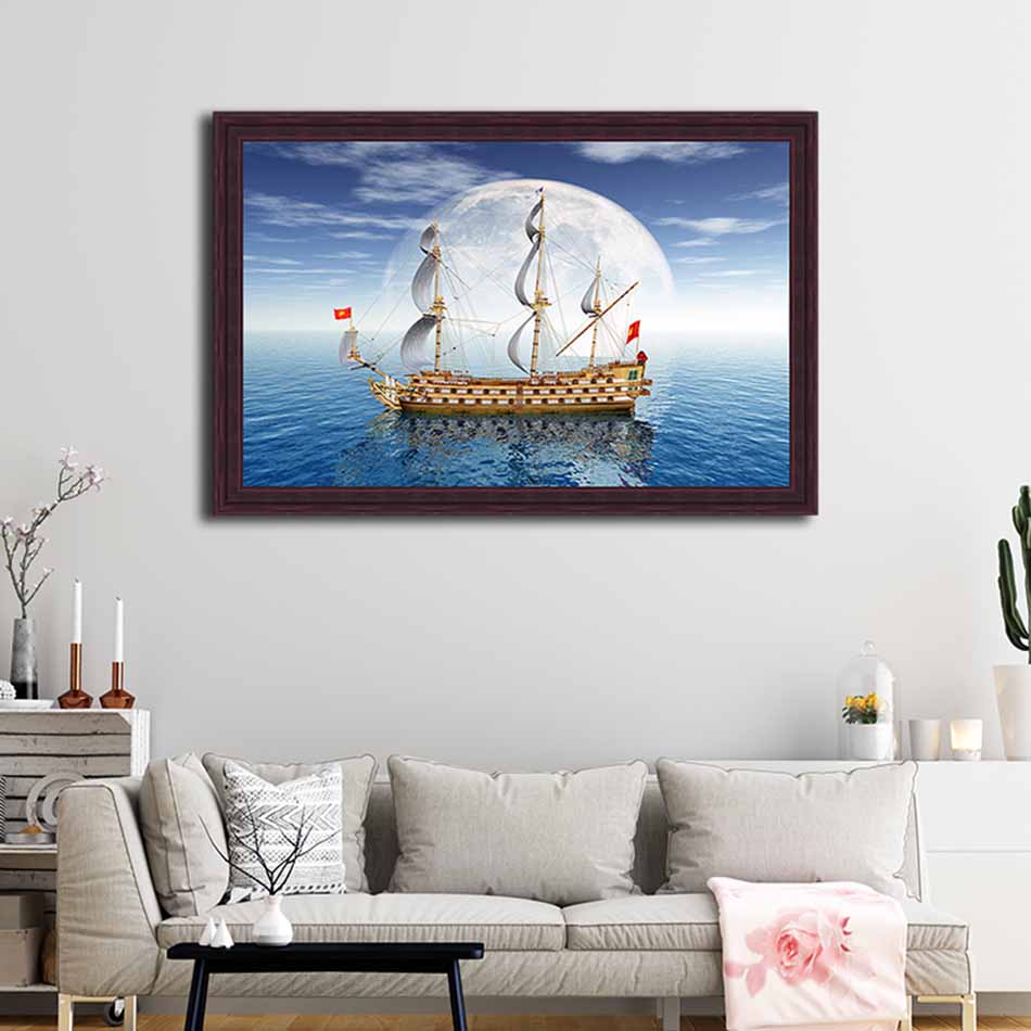 Tranh canvas phong thủy treo tường - Thuận buồm xuôi gió - TBXG012 - Khung màu nâu trầm bóng - 120x80cm