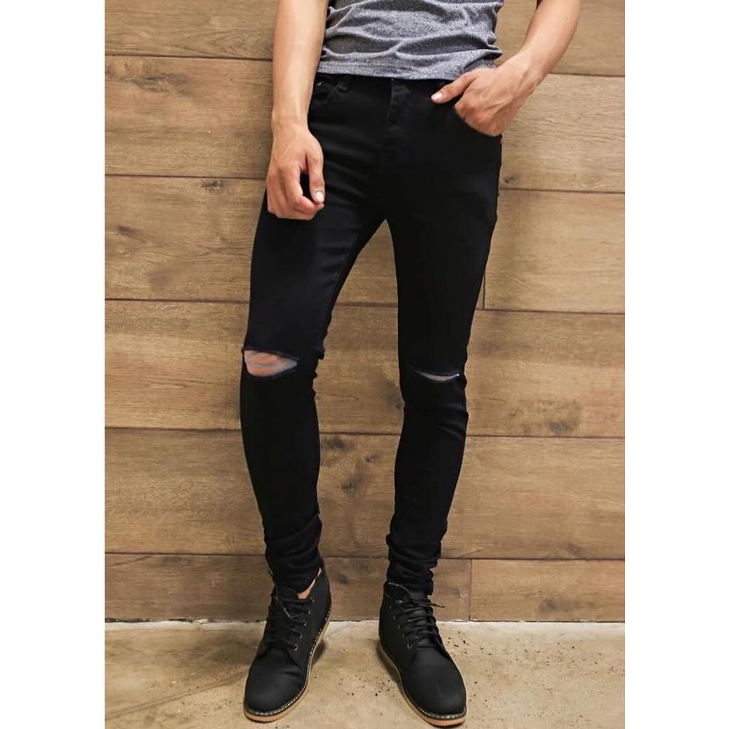 Quần Jean Nam Rách Gối Màu Đen Trơn