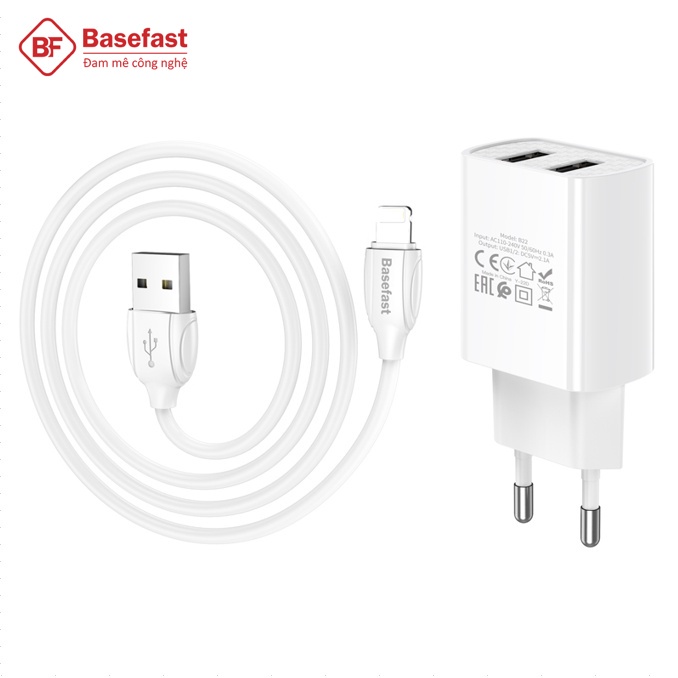 Bộ Sạc Nhanh 2 Cổng USB Chính Hãng Basefast B22i - ComBo Củ Kèm Cáp Sạc 2.1A Cho IPhone - Hàng Chính Hãng