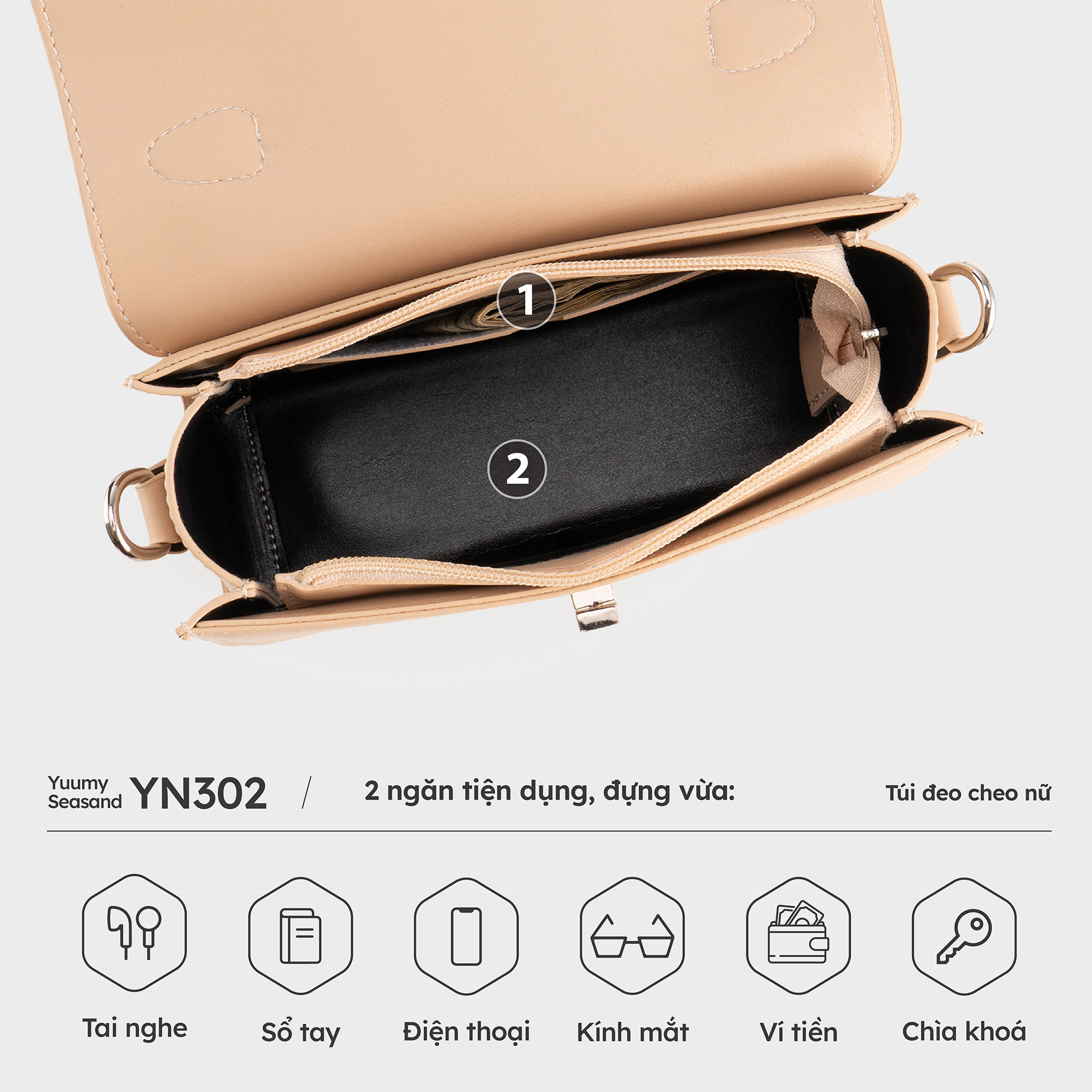 Túi Yuumy ( Thời trang nữ nắp gập khoá xoay thanh lịch size 21 - Túi đeo chéo da Seasand YN302 )