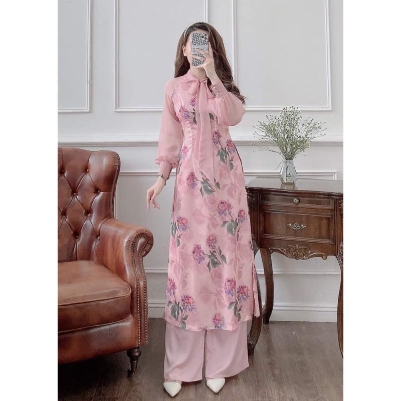 Áo dài hoa thiết kế nơ cổ