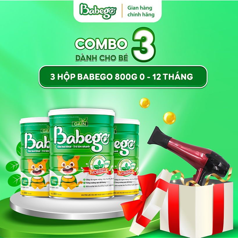 (TẶNG 1 MÁY SẤY) Combo 3 lon sữa mát tăng cân, cải thiện táo bón, biếng ăn Babego 0-12 tháng