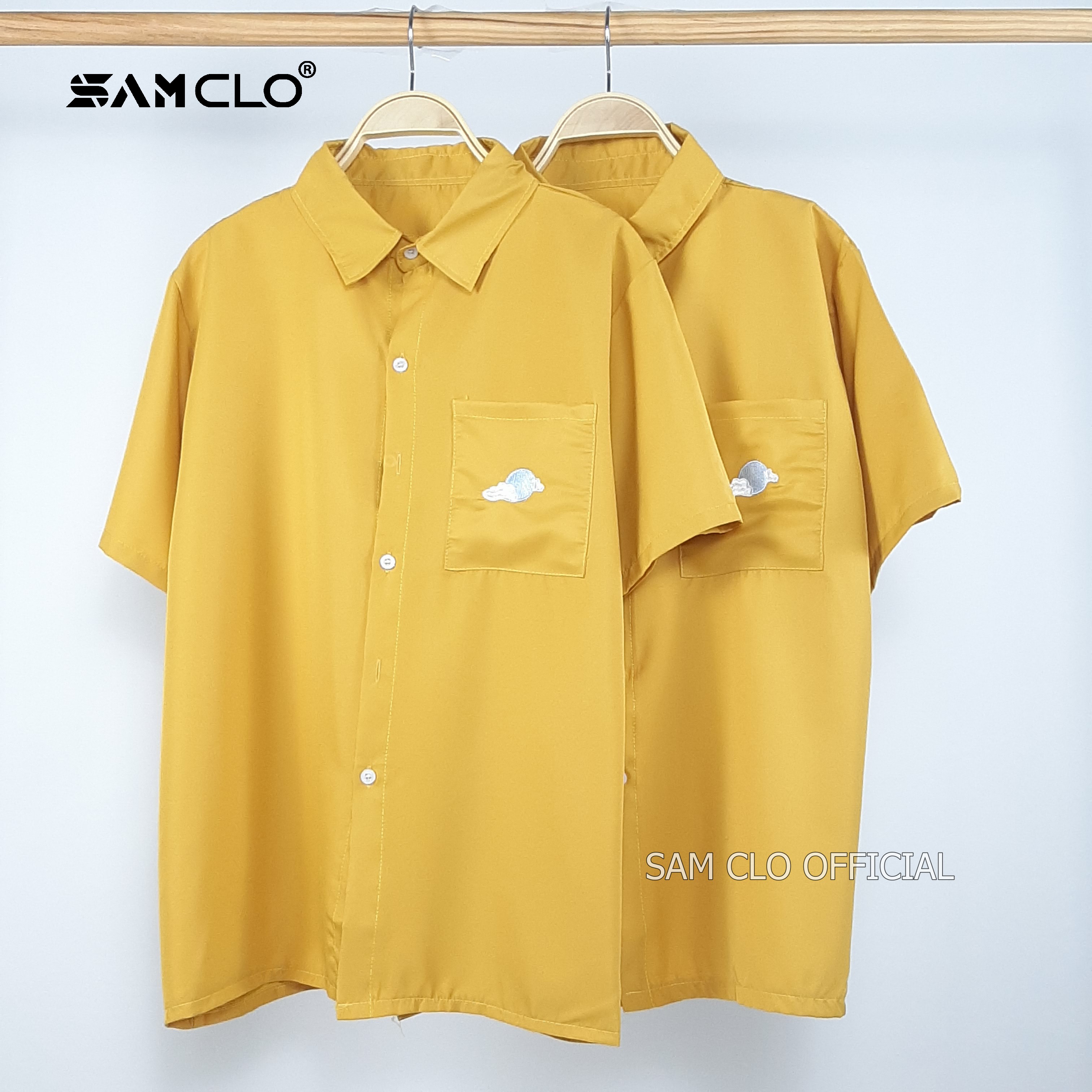 Áo sơ mi nữ SAM CLO cổ bẻ tay ngắn có túi - lỡ ulzzang form freesize dáng rộng unisex mặc cặp, nhóm, couple HÌNH THÊU