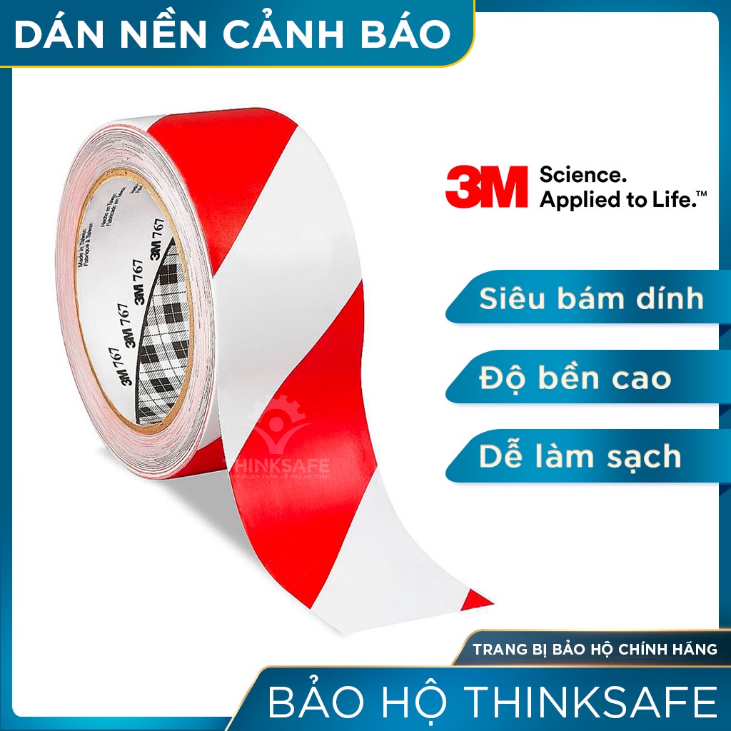 Băng keo dán nền cảnh báo 3M 767 sọc trắng đỏ, phân chia lối đi, cảnh báo nguy hiểm, keo dán chắc chắn bền màu ( 50mmX32.9m) 