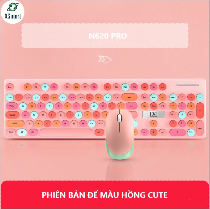 Bộ Bàn Phím Và Chuột Không Dây XSmart N620 Sweet Hồng Cute Nhiều Màu Sắc, Dùng Văn Phòng Cho Máy Tính, Laptop, PC - Hàng Chính Hãng