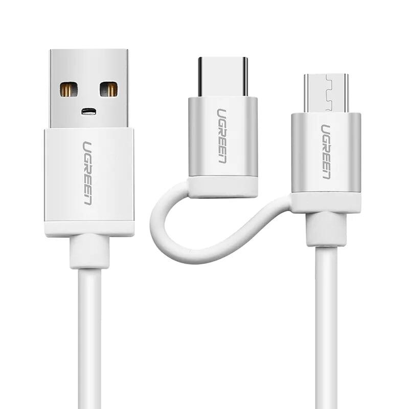 Ugreen UG20872US177TK 1M màu Bạc Cáp USB-A sang Micro USB + USB-C cao cấp - HÀNG CHÍNH HÃNG