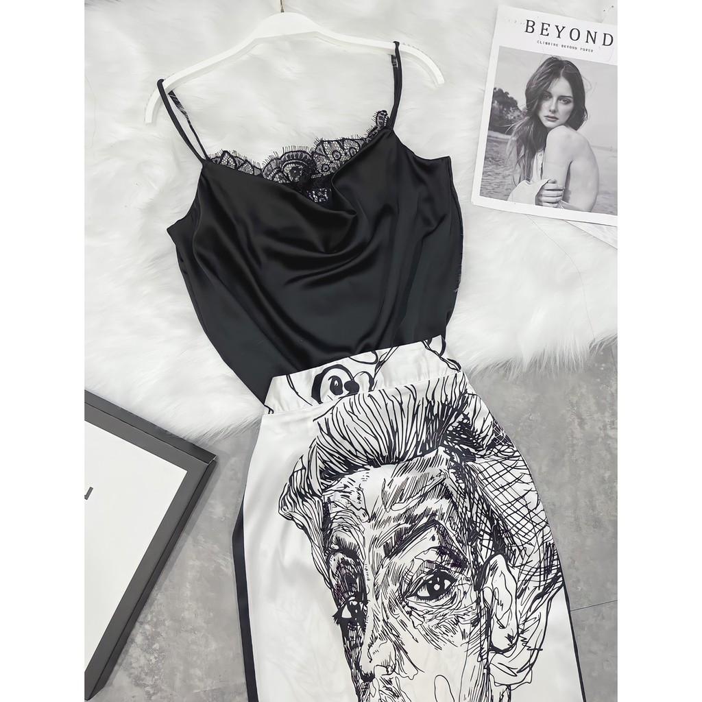 SET ÁO 2S LỤA PHỐI REN CHÂN VÁY IN HÌNH